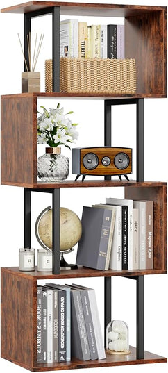 Furologee 5-Tier Bookshelf, S-Shaped Geometric Bookcase, Narrow Freestanding Display Shelves, Modern Wood Decorative Storage Shelving Rack for Bedroom, Living Room, Home Office, Rustic Brown - LeafyLoom