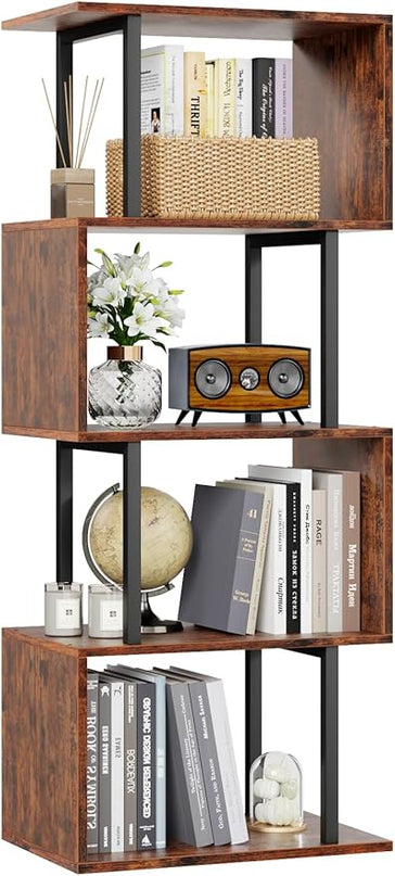 Furologee 5-Tier Bookshelf, S-Shaped Geometric Bookcase, Narrow Freestanding Display Shelves, Modern Wood Decorative Storage Shelving Rack for Bedroom, Living Room, Home Office, Rustic Brown - LeafyLoom