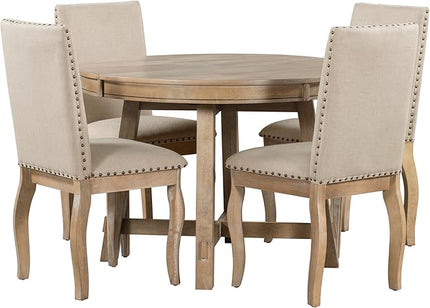 RITSU 5 Piece Farmhouse Round Retractable Table Set with 4 Upholstered Dining Chairs, Copper Ingot Trim, MDF and Smooth Material for Living Room, Apartment, Natural Wood Wash, 58inch - LeafyLoom