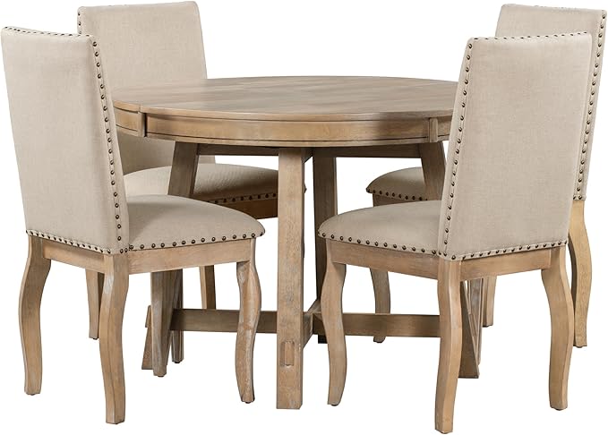 RITSU 5 Piece Farmhouse Round Retractable Table Set with 4 Upholstered Dining Chairs, Copper Ingot Trim, MDF and Smooth Material for Living Room, Apartment, Natural Wood Wash, 58inch - LeafyLoom