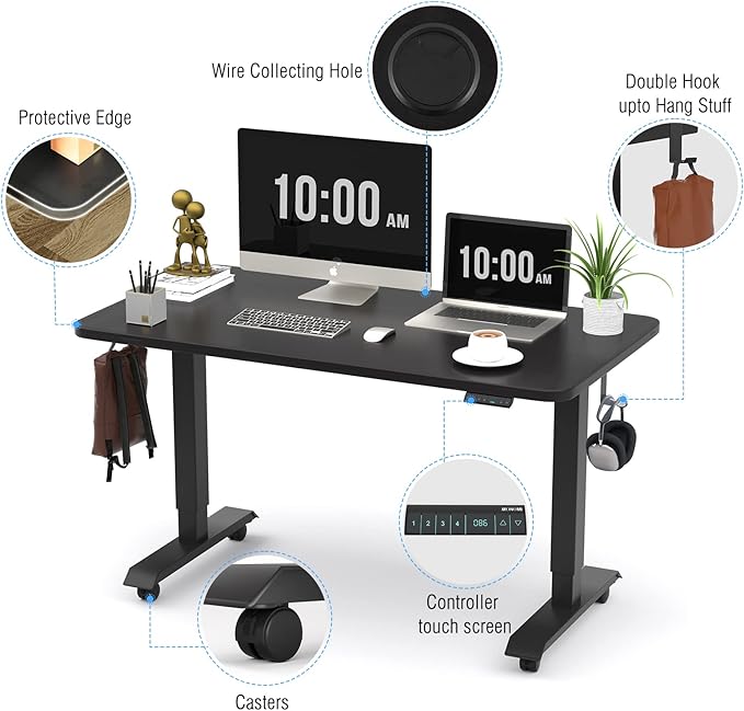 Monomi Electric Height Adjustable Standing Desk, 48x24 Inches, Ergonomic Home Office Sit/Stand Up Desk (Black Steel Frame/Black Top) - LeafyLoom