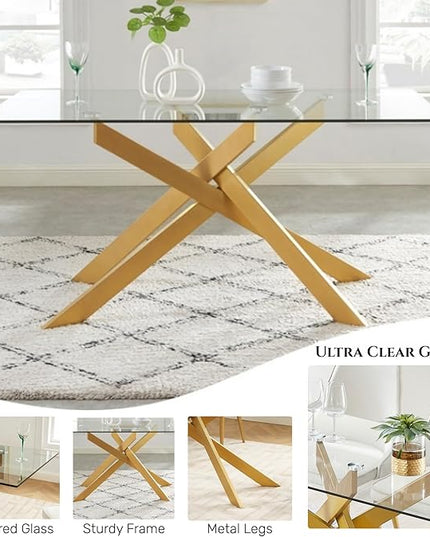 Edwin's Choice 58.5” Rectangle Glass Dining Table, Tempered Glass Table Top and Metal Tubular Legs, Modern Style Table for Home, Kitchen, Dining room 58.5”Lx29”Wx30”H, Gold (Table Only) - LeafyLoom