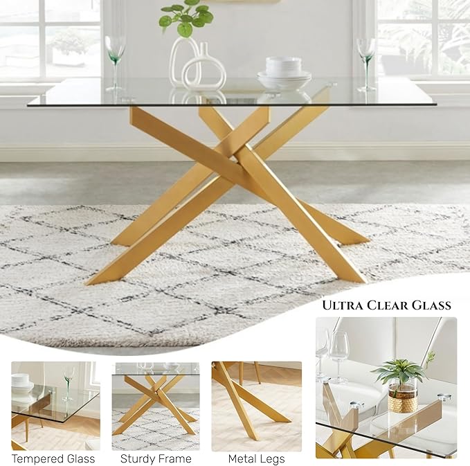 Edwin's Choice 58.5” Rectangle Glass Dining Table, Tempered Glass Table Top and Metal Tubular Legs, Modern Style Table for Home, Kitchen, Dining room 58.5”Lx29”Wx30”H, Gold (Table Only) - LeafyLoom