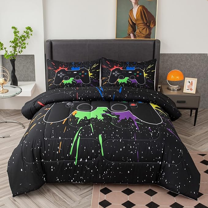 Game Console Comforter Set for Boys 3D Gaming Lightweight Microfiber Bedding Sets Black Gamer Printed Quilt Set Teens Room Decor - LeafyLoom