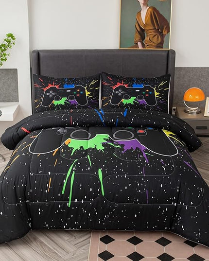 Game Console Comforter Set for Boys 3D Gaming Lightweight Microfiber Bedding Sets Black Gamer Printed Quilt Set Teens Room Decor - LeafyLoom