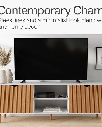 Contemporary Fluted TV Stand - Media Console - 70” Entertainment Center Console Table with Storage for Living Room - Fits 32 to 80" TVs (White and Oak) - LeafyLoom