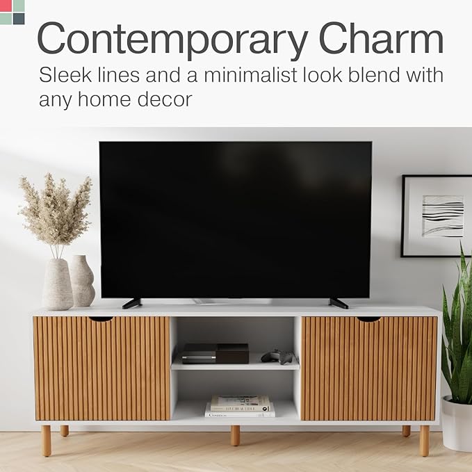 Contemporary Fluted TV Stand - Media Console - 70” Entertainment Center Console Table with Storage for Living Room - Fits 32 to 80" TVs (White and Oak) - LeafyLoom