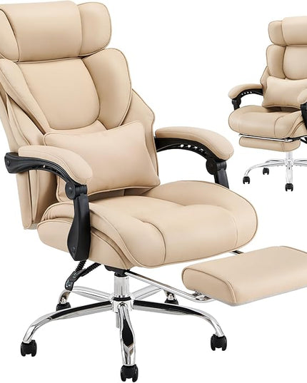 Office Chair with Footrest-Ergonomic Desk Chair with Adjustable Headrest and Lumbar Support Pillow, High Back Executive Computer Chair, Large Home Office Work Chair with Wide Seat for Comfort-Khaki - LeafyLoom