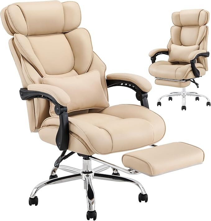 Office Chair with Footrest-Ergonomic Desk Chair with Adjustable Headrest and Lumbar Support Pillow, High Back Executive Computer Chair, Large Home Office Work Chair with Wide Seat for Comfort-Khaki - LeafyLoom