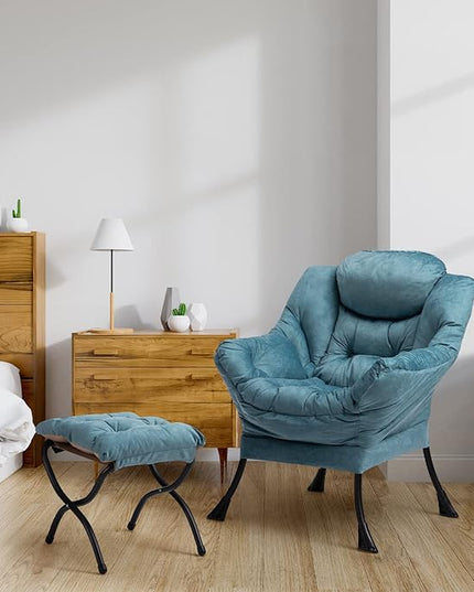 AbocoFur Fabric Lazy Chair with Foldable Ottoman, Accent Comfy Lounge Arm Chair and Folding Footrest Stool Set, Leisure Sofa Reading Chair and Footstool for Living Room, Bedroom, Dorm, Blue - LeafyLoom