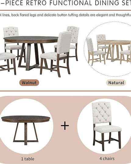 NicBex Small Dining Table Set for 4 Breakfast Nook Table Set 5-Piece Retro Functional Dining Set, Round Table with a 16" W Leaf and 4 Upholstered Chairs for Dining Room, Walnut - LeafyLoom