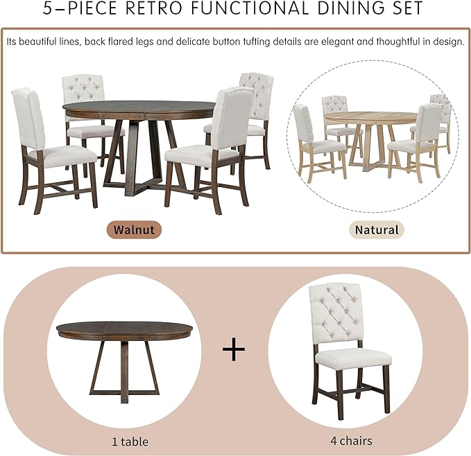 NicBex Small Dining Table Set for 4 Breakfast Nook Table Set 5-Piece Retro Functional Dining Set, Round Table with a 16" W Leaf and 4 Upholstered Chairs for Dining Room, Walnut - LeafyLoom