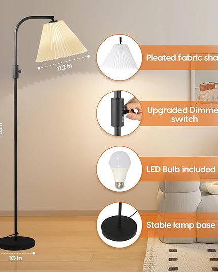 COFF Dimmable Floor Lamp, Arc Standing Lamp with 1000 Lumens LED Edison Bulb Included, Pleated Shade Modern Tall Pole Lamp for Living room, Bedroom, Office (White) - LeafyLoom