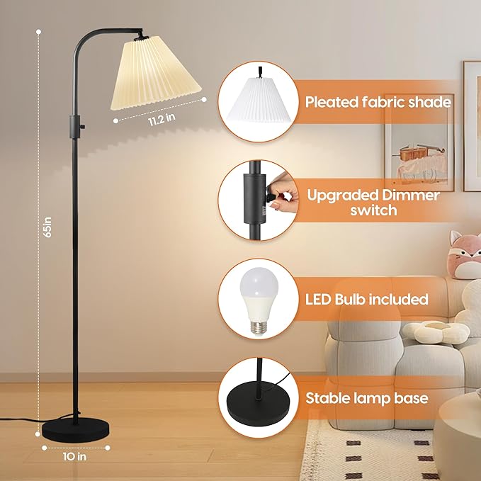 COFF Dimmable Floor Lamp, Arc Standing Lamp with 1000 Lumens LED Edison Bulb Included, Pleated Shade Modern Tall Pole Lamp for Living room, Bedroom, Office (White) - LeafyLoom