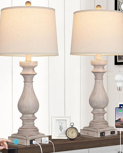 29" Tall Table Lamp for living room set of 2,Vintage Bedside Nightstand Lamps with USB C+A Ports & AC Outlet,3-Way Dimmable Touch Control White Washed Finish Desk Lamp for Bedroom,Color 2 - LeafyLoom