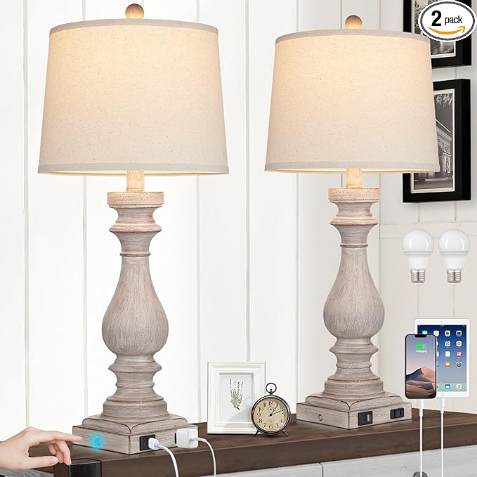 29" Tall Table Lamp for living room set of 2,Vintage Bedside Nightstand Lamps with USB C+A Ports & AC Outlet,3-Way Dimmable Touch Control White Washed Finish Desk Lamp for Bedroom,Color 2 - LeafyLoom