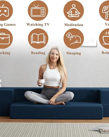 Convertible Folding Sofa - Modern Linen Fabric Coffee Table, Foldable Floor & Futon Couch, Space-Saving Chair with Pillow for Living Room/Dorm/Guest Room/Home Office/Apartment,Twin XL,Navy Blue - LeafyLoom