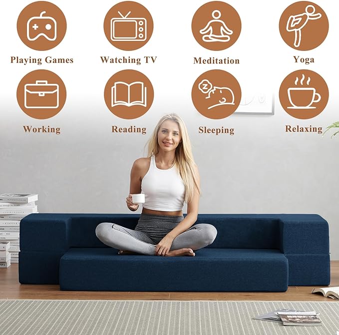 Convertible Folding Sofa - Modern Linen Fabric Coffee Table, Foldable Floor & Futon Couch, Space-Saving Chair with Pillow for Living Room/Dorm/Guest Room/Home Office/Apartment,Twin XL,Navy Blue - LeafyLoom