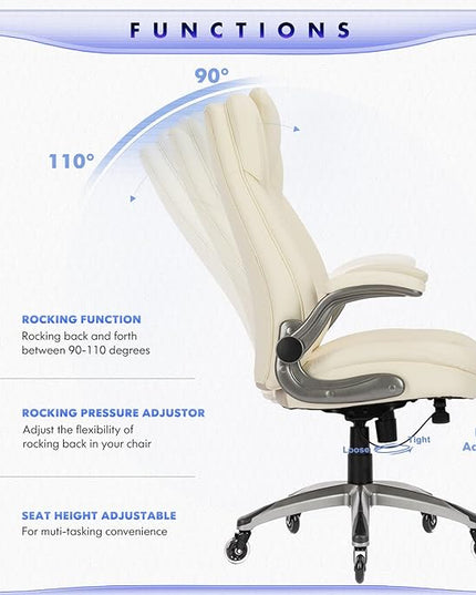 Executive Office Chair-Ergonomic Computer Desk Chair with Upgraded Caster for Swivel, High Back Office Chair with Padded Flip-up Arms, Stylish Leather Chair Thicken Seat for Comfort (Ivory, 300lbs) - LeafyLoom