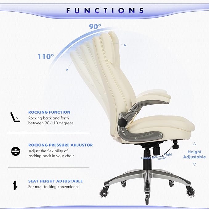 Executive Office Chair-Ergonomic Computer Desk Chair with Upgraded Caster for Swivel, High Back Office Chair with Padded Flip-up Arms, Stylish Leather Chair Thicken Seat for Comfort (Ivory, 300lbs) - LeafyLoom