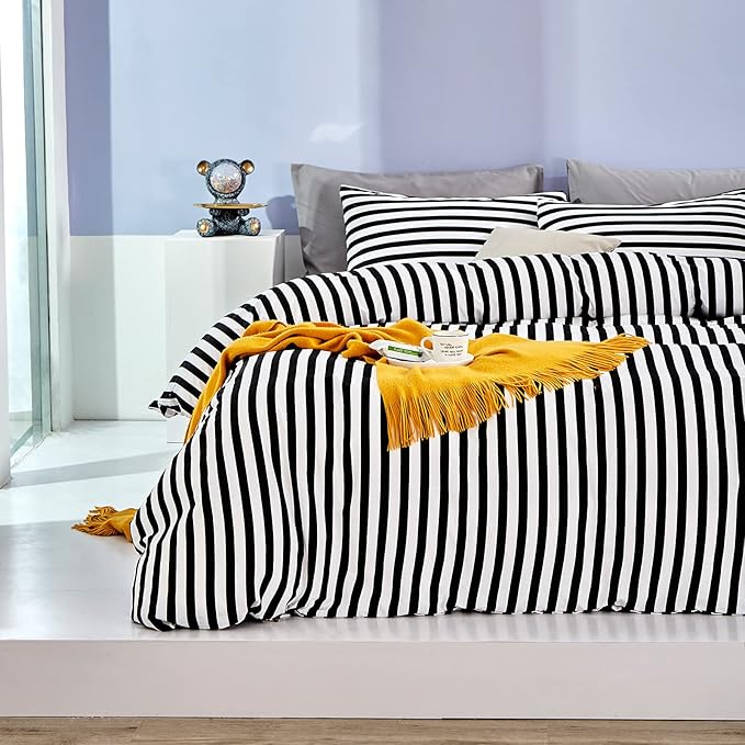 White and Black Stripes Comforter Set King Women Bedding Set Soft Durable White Striated Bedding Set Black Stripes Ticking Quilts Hotel Quality Comforter Set Girls White Black Stripes Bed Set - LeafyLoom