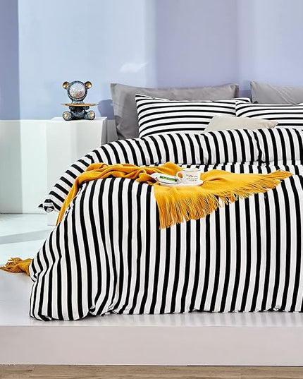 White and Black Striped Comforter Set Full/Queen Soft Durable Striated Bedding Set Ticking Quilts for Girls Boys Hotel Quality - LeafyLoom