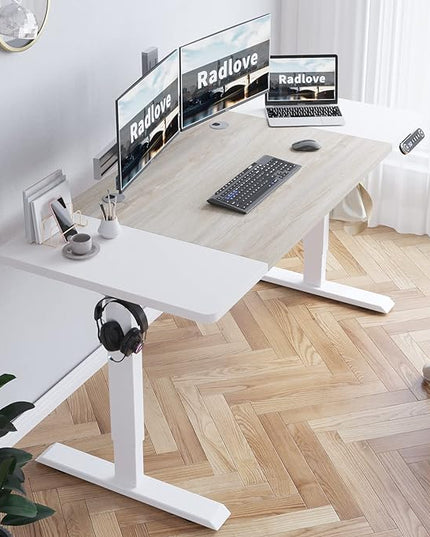 Radlove Electric Height Adjustable Standing Desk, 63x 30 Inches Stand Up Desk Workstation, Splice Board Home Office Computer Standing Table Ergonomic Desk (White+ Oak, 63x30'') - LeafyLoom