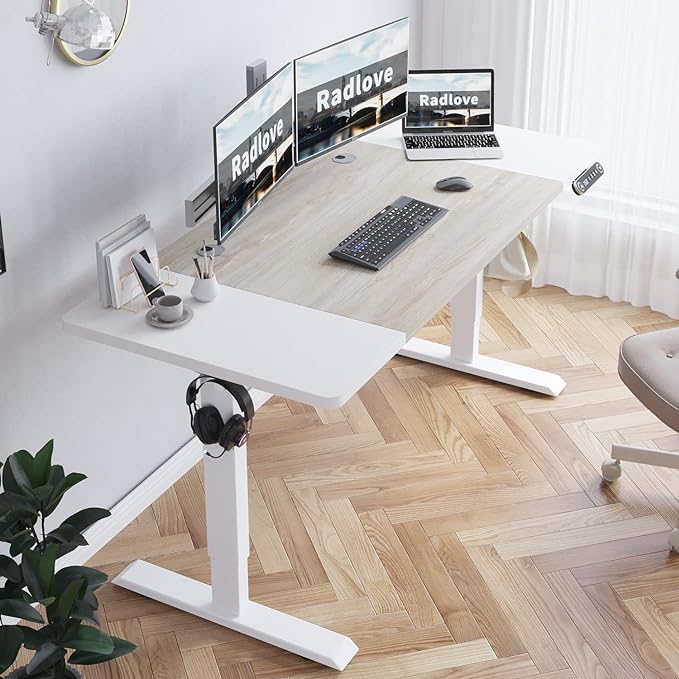 Radlove Electric Height Adjustable Standing Desk, 63x 30 Inches Stand Up Desk Workstation, Splice Board Home Office Computer Standing Table Ergonomic Desk (White+ Oak, 63x30'') - LeafyLoom