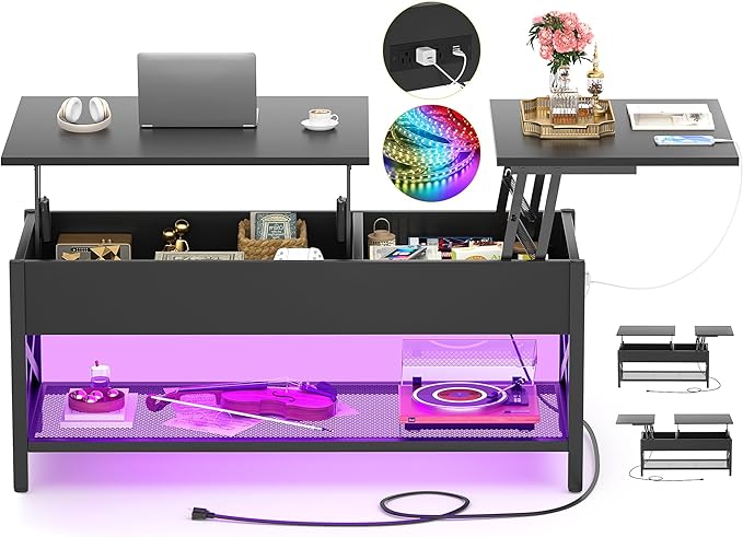 Coffee Table, Lift Top Coffee Table with Storage, LED Light & Power Outlet and Hidden Compartment, Retro Center Table for Living Room, X Support Wood Tabletop, Metal Frame,Black - LeafyLoom