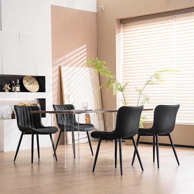 YOUNUOKE Black Dining Chairs Set of 2 Upholstered Mid Century Modern Kitchen Chair Armless Faux Leather Accent Dinning Side Chairs with Back and Metal Legs for Guest Waiting Reception Living Room - LeafyLoom