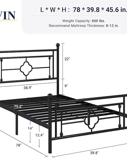 Allewie Twin Size Metal Platform Bed Frame with Victorian Vintage Headboard and Footboard/Mattress Foundation/Under Bed Storage/No Box Spring Needed/Noise-Free/Easy Assembly, Black - LeafyLoom