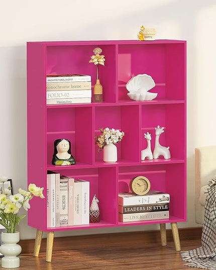 LEYAOYAO 7 Cube Bookshelf,3 Tier Book Shelf with Legs,Pink Modern Bookshelf,Large Freestanding Open Toy Modern Bookshelves,Display Bookcases Decor Furniture for Nursery - LeafyLoom