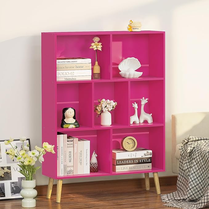 LEYAOYAO 7 Cube Bookshelf,3 Tier Book Shelf with Legs,Pink Modern Bookshelf,Large Freestanding Open Toy Modern Bookshelves,Display Bookcases Decor Furniture for Nursery - LeafyLoom