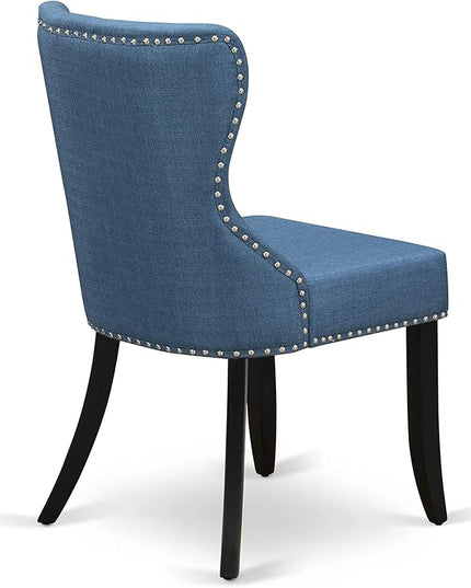 East West Furniture AMSI5-BCH-21 Antique 5 Piece Room Furniture Set Includes a Round Kitchen Table with Pedestal and 4 Blue Linen Fabric Parsons Dining Chairs, 36x36 Inch - LeafyLoom