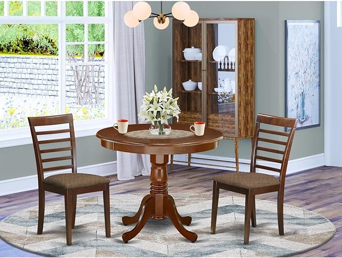 East West Furniture ANML3-MAH-C 3 Piece Set for Small Spaces Contains a Round Table with Pedestal and 2 Linen Fabric Kitchen Dining Chairs, 36x36 Inch, Mahogany - LeafyLoom