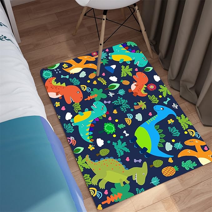 Dinosaur Rugs for Boys Bedroom Cute Dinosaur Area Rug and Leaves Print Dinosaur Rug Kids Rug Play Rug Dinosaur Carpets Cartoon Rug for Playroom Classroom,Blue 2'×3' - LeafyLoom