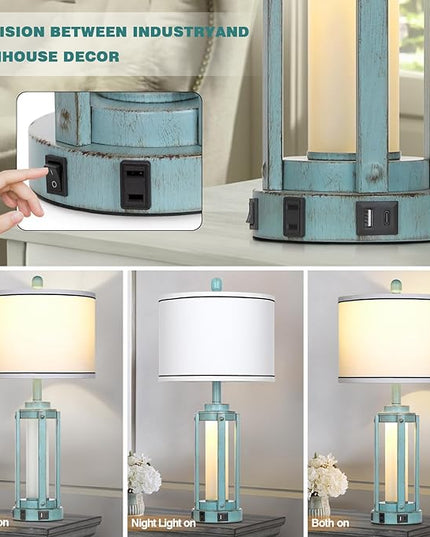 Farmhouse Lamps Set of 2, 26" Vintage Rustic Industrial Beside Lamps with USB A+C Charging Ports & AC Outlet, Nightstand Metal Lamp with LED Night Light & Fabric Shade for Living Room Bedrooms Blue - LeafyLoom