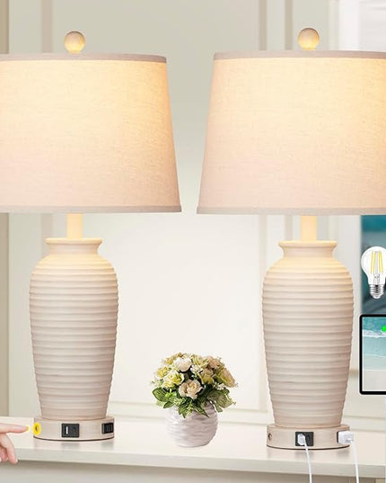 25" Farmhouse Jar Table Lamps Set of 2, 3 Way Touch Control Rustic Bedside Lamps with USB A+C Ports & AC Outlet, Pot Nightstand Lamps for Bedroom Living Room (LED Bulbs Included) - LeafyLoom