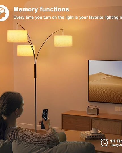 36W LED Arc Floor Lamp with 3 Fabric Shades, 3000LM Super Bright Standing Lamp with Remote Control & Touch, Stepless Dimming, Individual Light Control for Living Room, Bedroom - LeafyLoom