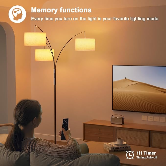 36W LED Arc Floor Lamp with 3 Fabric Shades, 3000LM Super Bright Standing Lamp with Remote Control & Touch, Stepless Dimming, Individual Light Control for Living Room, Bedroom - LeafyLoom