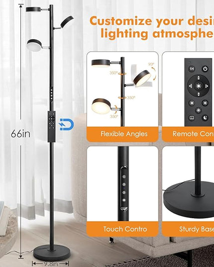 LED Tree Floor Lamp, 30W Dimmable Tall Standing Lamp with Remote & Touch Control, 3000K-6000K 4 Color Temperatures, 3 Rotatable Lights Floor Lamps for Living Room, Bedroom, Office - LeafyLoom