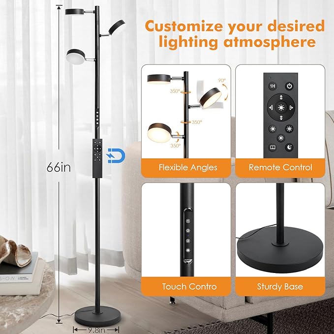 LED Tree Floor Lamp, 30W Dimmable Tall Standing Lamp with Remote & Touch Control, 3000K-6000K 4 Color Temperatures, 3 Rotatable Lights Floor Lamps for Living Room, Bedroom, Office - LeafyLoom