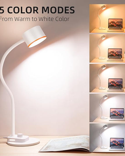 LED Desk Lamp, 1200LM for Home Office, Fully Dimmable Bedside Reading Lamp with USB C + A Charging Ports, 5 Colors, 12W Gooseneck Lamp, Metal Small Table Lamps for Bedroom Living Room White - LeafyLoom