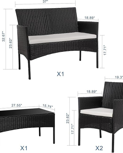 Shintenchi 4 Piece Outdoor Patio Furniture Sets, Small Wicker Patio Conversation Furniture Rattan Chair Set with Tempered Glass Coffee Table for Backyard Porch Garden Poolside Balcony - LeafyLoom