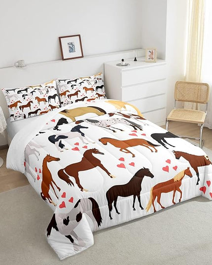 Galloping Horse Comforter Set Full Farm Bedding Set Kids Boys Girls Teens Cute Safari Animal Duvet Set Cartoon Horses with Pink Lover Heart Decor Kawaii Lightweight Cowboy Cowgirls Down Comforter - LeafyLoom