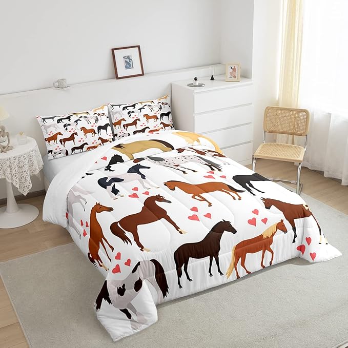 Galloping Horse Comforter Set Full Farm Bedding Set Kids Boys Girls Teens Cute Safari Animal Duvet Set Cartoon Horses with Pink Lover Heart Decor Kawaii Lightweight Cowboy Cowgirls Down Comforter - LeafyLoom