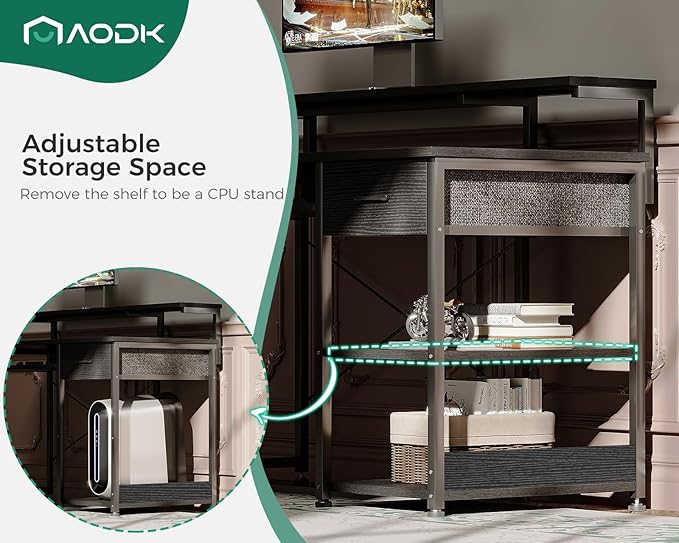AODK Small Computer Desk with Keyboard Tray, 40 Inch Gaming Desk with Power Outlet, Office Desk with Drawer, Reversible Desk with Adjustable Monitor Shelf and Storage Shelf for Home, Black - LeafyLoom