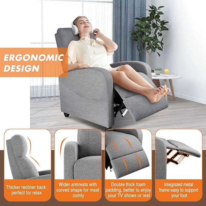 Sweetcrispy Recliner Chair for Adults, Massage Fabric Small Recliner Home Theater Seating with Lumbar Support, Adjustable Modern Reclining Chair with Padded Seat Backrest for Living Room (Deep Grey) - LeafyLoom