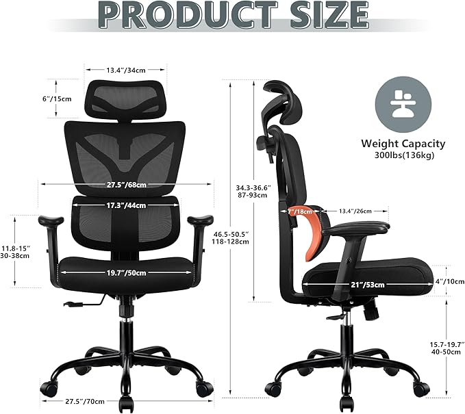 Office Chair Ergonomic Desk Chair, High Back Gaming Chair, Big and Tall Reclining chair Comfy Home Office Desk Chair Lumbar Support Breathable Mesh Computer Chair Adjustable Armrests(B-Orange) - LeafyLoom