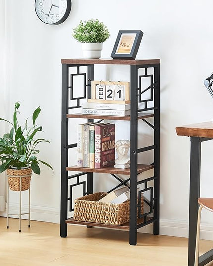 Bookshelf, Vintage Industrial 4 Tier Bookshelf, Freestanding Narrow Bookcase with Rustic Wood and Metal, Small Bookshelf for Home Office, Bedroom & Living Room, Retro Brown - LeafyLoom